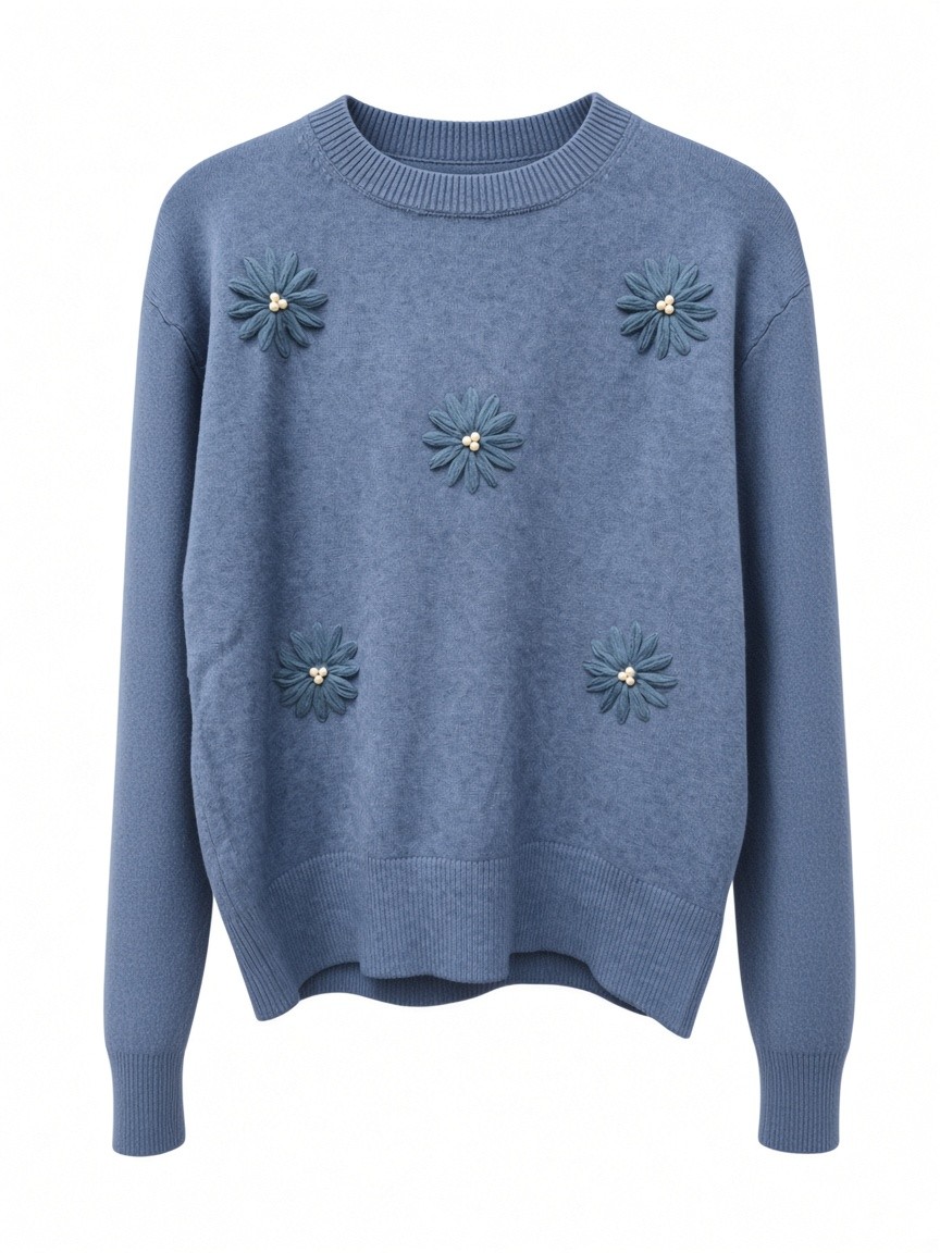 Dámsky pulóver s výšivkou kvietkov s perličkami COZY JEANS BLUE Modrá s.WEAR 1